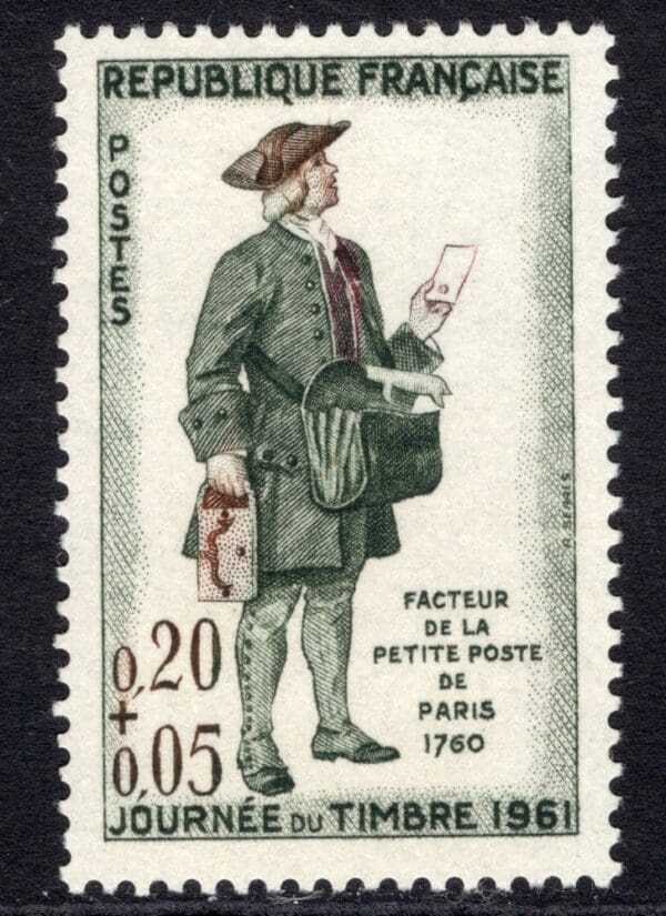 France B349 MNH 1961 20c + 5c sl green, brown and red; Letter Carrier 1760