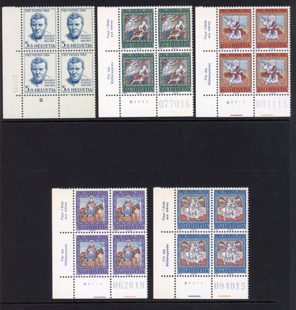 Switzerland B355-B359 MNH 1966 Plate Blocks of 4