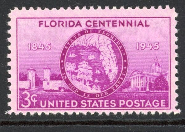 US 927 MH 1944 3c bright red violet Florida Statehood